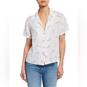 Rails Zuma Jungle Cat white print linen blend camp shirt short sleeves collar
